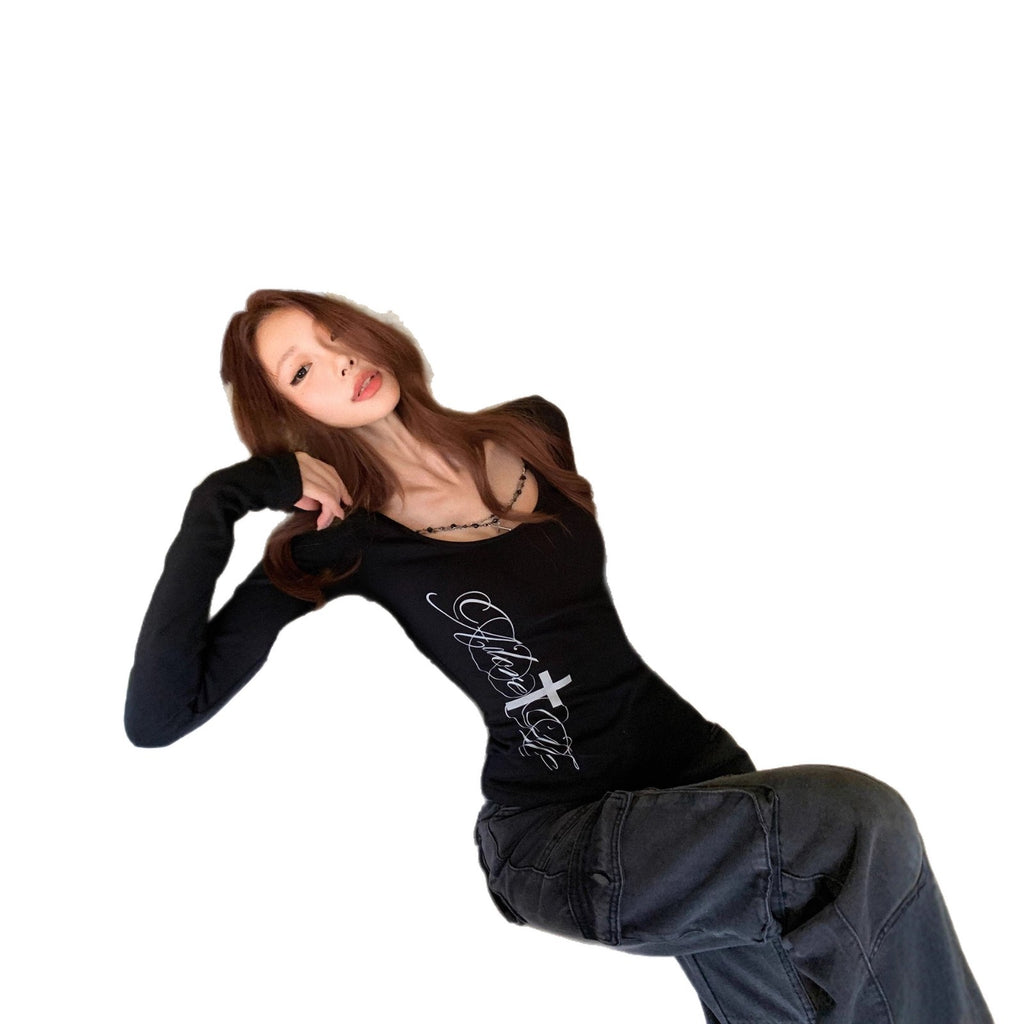 Black Long-sleeve T-shirt Womens Inner Base Layer Slimming And Figure-flattering